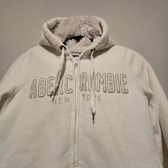 Vtg 90s Y2K Abercrombie Fitch NY AHoodie Womens L Ivory Sherpa Lined Patch Logo